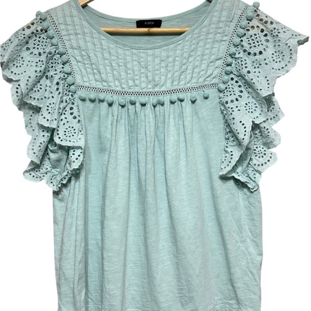 J. Crew Aqua Eyelet Ruffle Pom Pom  Blouse